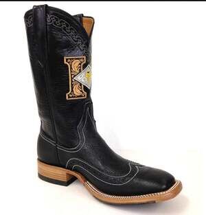 Harris by‎ Rios of Mercedes Black Smooth Ostrich Wingtip Square Toe Cowboy Boot